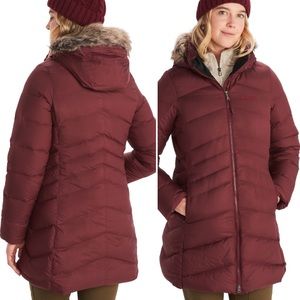 NWT Marmot Women’s Montreal 700 Fill Down Fur Lined Long Parka Port Royal Red